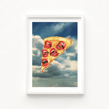 Load image into Gallery viewer, A surreal pizza slice with open red lips instead of toppings floats in a cloudy sky — bold, surrealist food-inspired art with a pop culture twist.