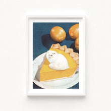 Load image into Gallery viewer, A fluffy white cat sits on a slice of lemon pie with a crimped crust, surrounded by fresh lemons – a surreal, whimsical, food-inspired art piece.