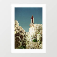 Load image into Gallery viewer, Houston We Have Cauliflower art print transforms food into fantasy with a rocket ship launching into space from giant cauliflower florets. This surreal collage artwork is perfect for kitchens, vegan restaurants, science classrooms, man caves, and boys room decor. Ideal for space lovers, NASA enthusiasts, vegetarians, and those seeking quirky wall art that combines humor with imagination. A playful, creative poster that celebrates cosmic adventure and food culture.