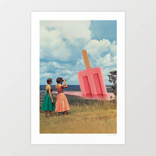 Load image into Gallery viewer, Two retro-dressed women viewing a massive strawberry popsicle emerging from a pink landscape under a cloudy sky – surreal and whimsical art scene.