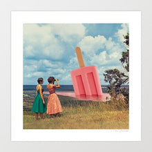 Load image into Gallery viewer, A surreal and whimsical artwork titled "A View to Chill - Popsicle Panorama" by Vertigo Artography, featuring a giant pink popsicle in a serene landscape viewed by two elegantly dressed women. Perfect for modern, contemporary, and pop art enthusiasts.