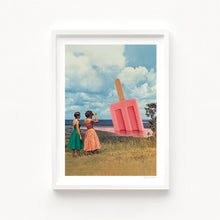 Load image into Gallery viewer, Two retro-dressed women viewing a massive strawberry popsicle emerging from a pink landscape under a cloudy sky – surreal and whimsical art scene.