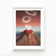 Load image into Gallery viewer, Surreal collage art print titled “Rings of Passion” featuring a volcano with red lips and smoke rings, in a dreamy romantic sky digital artwork by Vertigo Artography.