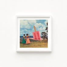 Load image into Gallery viewer, ATwo retro-dressed women viewing a massive strawberry popsicle emerging from a pink landscape under a cloudy sky – surreal and whimsical art scene.