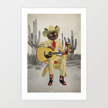 Load image into Gallery viewer, A humorous and surreal illustration of a cowboy cat in a cream suit, playing guitar with maracas, set against a vintage cactus desert backdrop.