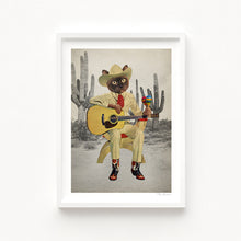 Load image into Gallery viewer, A humorous and surreal illustration of a cowboy cat in a cream suit, playing guitar with maracas, set against a vintage cactus desert backdrop.