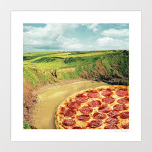 Load image into Gallery viewer, A surreal art print of a pepperoni pizza seamlessly blending into a coastal bay landscape with rolling green cliffs and a sandy shore. Coastal Art