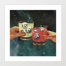 Load image into Gallery viewer, Two hands clinking colorful drinks with floating disco balls, set against a dreamy cosmic galaxy background – surreal and retro-inspired artwork.