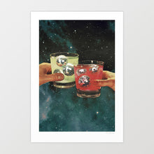 Load image into Gallery viewer, Two hands clinking colorful drinks with floating disco balls, set against a dreamy cosmic galaxy background – surreal and retro-inspired artwork.