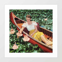 Load image into Gallery viewer, Fingers for Lily’ by Vertigo Artography - Surreal artwork featuring a woman in a canoe amidst a sea of lilies, with lilies replaced by hands making a provocative gesture. Perfect for modern interiors and art collectors seeking unique and thought-provoking pieces. Add a conversation-starting piece to your collection today and experience the charm of Vertigo Artography. Purchase ‘Fingers for Lily’ for a truly unique addition to your home.