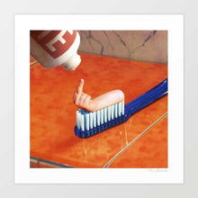 Load image into Gallery viewer, Surreal artwork of a blue toothbrush with a human arm rising from the bristles giving the middle finger – funny absurdist wall art print