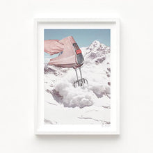 Load image into Gallery viewer, Surreal artwork titled "Doris Whisker II" by Vertigo Artography. Features a hand mixer blending with a snowy mountain landscape, offering a whimsical and imaginative visual experience. Ideal for modern art collections, this piece adds humor and creativity to any space.