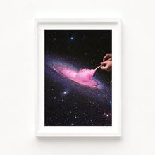 Load image into Gallery viewer, Cosmic Cotton Candy surreal artwork featuring a pink cotton candy swirl in the galaxy, perfect for modern art collections and space-themed decor that appeals to space art enthusiasts searching for distinctive and imaginative wall art pieces for their home art collection