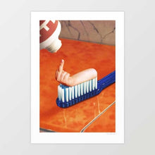 Load image into Gallery viewer, Surreal artwork of a blue toothbrush with a human arm rising from the bristles giving the middle finger – funny absurdist wall art print