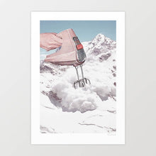 Load image into Gallery viewer, Surreal artwork titled "Doris Whisker II" by Vertigo Artography. Features a hand mixer blending with a snowy mountain landscape, offering a whimsical and imaginative visual experience. Ideal for modern art collections, this piece adds humor and creativity to any space. Set in the French Alps or Swiss Mountains in winter