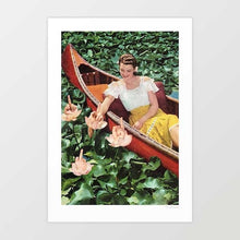 Load image into Gallery viewer, Fingers for Lily’ by Vertigo Artography - Surreal artwork featuring a woman in a canoe amidst a sea of lilies, with lilies replaced by hands making a provocative gesture. Perfect for modern interiors and art collectors seeking unique and thought-provoking pieces. Add a conversation-starting piece to your collection today and experience the charm of Vertigo Artography. Purchase ‘Fingers for Lily’ for a truly unique addition to your home.