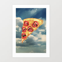 Load image into Gallery viewer, A surreal pizza slice with open red lips instead of toppings floats in a cloudy sky — bold, surrealist food-inspired art with a pop culture twist.