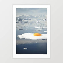 Load image into Gallery viewer, Surrealist artwork titled "Egg-berg" featuring a sunny-side-up egg on a melting iceberg. This piece by Vertigo Artography combines environmental themes with whimsical imagery, perfect for contemporary art collectors. Explore the fusion of reality and imagination with "Egg-berg," a striking addition to any modern art collection. Buy now to own a piece that sparks conversation and visual delight.