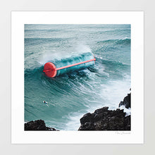 Load image into Gallery viewer, Curl Power artwork - A striking depiction of a curling ocean wave amongst a coastal setting featuring  a lone surfer. This art print is perfect for modern art enthusiasts and coastal decor. Available in high-quality prints.