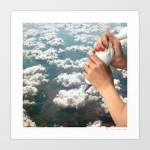 Load image into Gallery viewer, Surreal minimalist poster “Piping Clouds” showing a piping bag from which soft, billowing clouds emerge against a sky blue background. This whimsical skyscape art print combines fantasy and interior aesthetics in a calm, soothing composition. Great for modern homes, creative offices, cafés, and any space needing dreamy visual balance. A conversation-starting piece for lovers of surreal, cloud art, and ambient wall décor.