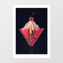 Load image into Gallery viewer, Digital collage of a pair of legs in cowgirl boots inside a pink margarita glass, topped with crushed ice and a cherry on a cosmic black background. Bar Cart, Coquette and Coastal.
