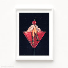 Load image into Gallery viewer, Digital collage of a pair of legs in cowgirl boots inside a pink margarita glass, topped with crushed ice and a cherry on a cosmic black background. Bar Cart, Coquette and Coastal.