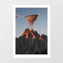 Load image into Gallery viewer, A surreal art print of a hand-held sieve sprinkling cocoa powder over a mountain range at golden hour, blending culinary and natural elements.