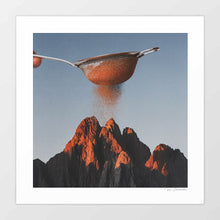 Load image into Gallery viewer, A surreal art print of a hand-held sieve sprinkling cocoa powder over a mountain range at golden hour, blending culinary and natural elements. Free shipping.