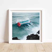 Load image into Gallery viewer, Curl Power artwork - A striking depiction of a curling ocean wave amongst a coastal setting featuring a lone surfer. This art print is perfect for modern art enthusiasts and coastal decor. Available in high-quality prints.