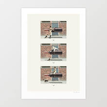 Load image into Gallery viewer, Vintage-style art print of a man riding a floating wine bottle with a dog looking on – humorous wine and dog lover wall decor