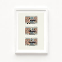 Load image into Gallery viewer, Vintage-style art print of a man riding a floating wine bottle with a dog looking on – humorous wine and dog lover wall decor
