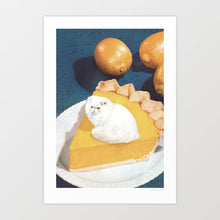 Load image into Gallery viewer, A fluffy white cat sits on a slice of lemon pie with a crimped crust, surrounded by fresh lemons – a surreal, whimsical, food-inspired art piece.