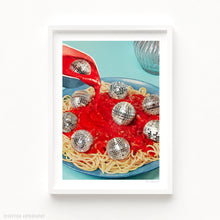 Load image into Gallery viewer, Funky surrealist food art print “Spaghetti Disco Balls” transforms a bowl of Italian pasta with tomato sauce into a playful party scene by replacing meatballs with glittering disco balls. A bold blue aesthetic background makes the artwork pop, perfect for Italian restaurant décor, kitchen wall prints, or quirky dining room inspiration. A unique gift for pasta lovers, disco fans, and anyone searching for surreal food artwork, modern home décor, or playful collage art prints.