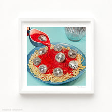 Load image into Gallery viewer, “Spaghetti Disco Balls” is a surreal art print where food meets music culture. A steaming bowl of Italian spaghetti and sauce is topped with shimmering disco balls instead of meatballs, set against a vibrant blue background. Fun, funky, and eye-catching, this artwork is perfect wall décor for Italian restaurants, stylish kitchens, or anyone searching for pasta artwork, funky food posters, or retro disco-inspired prints. Great for eclectic homes and bold dining room wall ideas.