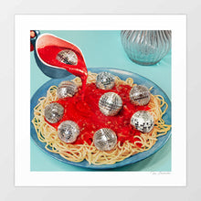 Load image into Gallery viewer, “Spaghetti Disco Balls” surreal Italian food art combines bold design with funky retro vibes. A plate of pasta with tomato sauce glistens on a striking blue background, but instead of meatballs, disco mirror balls bring a playful twist. Ideal wall art for kitchens, dining rooms, and restaurants, this unique print appeals to those searching for Italian food posters, pasta artwork, or disco-inspired interior design. Perfect conversation starter for eclectic homes or commercial dining spaces.