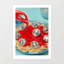 Load image into Gallery viewer, Retro-inspired surreal collage artwork “Spaghetti Disco Balls” reimagines Italian cuisine with a playful disco twist. Featuring a steaming bowl of pasta in tomato sauce topped with sparkling mirror balls instead of meatballs, this funky artwork radiates good vibes against a bold blue background. Perfect for home kitchens, dining rooms, or Italian restaurants searching for unique décor, as well as disco lovers and art buyers looking for conversation-starting prints and quirky wall inspiration.