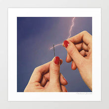 Load image into Gallery viewer, Elysian Thread artwork featuring a needle and thread struck by lightning, contemporary mixed media art perfect for modern home or office decor. Ideal for art enthusiasts seeking thought-provoking and visually captivating pieces. Shop now and add this elegant and intense artwork to your collection.