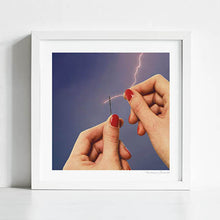 Load image into Gallery viewer, Elysian Thread artwork featuring a needle and thread struck by lightning, contemporary mixed media art perfect for modern home or office decor. Ideal for art enthusiasts seeking thought-provoking and visually captivating pieces. Shop now and add this elegant and intense artwork to your collection.