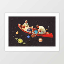 Load image into Gallery viewer, Big Bang Generation artwork featuring a couple rowing a red canoe through space with planets. Surreal space-themed art symbolizing exploration, discovery, and human potential. Perfect for lovers of cosmic, imaginative, and surrealistic art. Ideal for home decor and unique art collections.