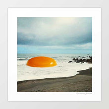 Load image into Gallery viewer, Surreal collage art print Beach Egg blending a fried egg yolk with coastal scenery for bold wall decor that sparks curiosity. Perfect poster for quirky kitchens, modern cafes, or beach house walls seeking playful yet stylish artwork. A popular choice for food-inspired art collectors, breakfast lovers, and fans of unique surrealist prints that transform everyday objects into imaginative dreamscapes for gallery wall inspiration or home decor upgrades