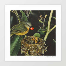 Load image into Gallery viewer, Birdie Likes" artwork features a bird feeding chicks with a social media 'like' icon. This whimsical piece blends nature's beauty with modern digital culture. Perfect for bird lovers and art enthusiasts, it adds charm and humor to any decor.