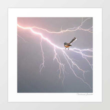 Load image into Gallery viewer, Fantail on a Lightning Bolt artwork featuring a fantail bird navigating a powerful lightning bolt, perfect for contemporary home decor and nature-inspired art collections. Take home this native New Zealand bird art print to add to your wall art collection