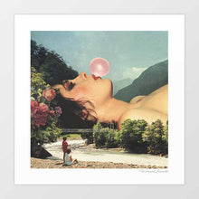 Load image into Gallery viewer, "Bubble Gum Girl" artwork blending surrealism and pop culture. Featuring a serene girl blowing a pink bubble against a tranquil natural background, this whimsical piece is ideal for modern art enthusiasts and collectors. Captures the playful essence of contemporary creativity set amongst a serene nature landscape photography