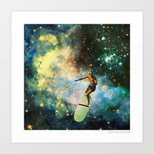 Load image into Gallery viewer, Cosmic Surfer artwork - Surfer navigating through space, blending ocean waves with the cosmos. Perfect for modern art lovers. Available in high-quality prints and canvases. Add adventure to your home or office decor for surreal and cosmic-themed artworks