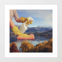 Load image into Gallery viewer, Surreal contemporary artwork titled 'Deep Clean Lake' depicting gloved hands cleaning a picturesque lake with a spray bottle and cloth. Perfect for art enthusiasts and collectors interested in environmental themes. A perfect artwork for sustainable causes for home art  or office art