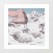 Load image into Gallery viewer, Surreal artwork titled "Doris Whisker II" by Vertigo Artography. Features a hand mixer blending with a snowy mountain landscape, offering a whimsical and imaginative visual experience. Ideal for modern art collections, this piece adds humor and creativity to any space.