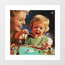 Load image into Gallery viewer, "Eat Up" by Vertigo Artography - Surreal artwork featuring a vintage-style mother and child in a cosmic setting. The child is depicted eating miniature people by a pool, blending everyday scenes with fantastical elements. Perfect for contemporary art collectors and lovers of unique, whimsical art pieces.