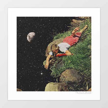 Load image into Gallery viewer, Felt artwork featuring a young girl reaching over the edge of a grassy cliff into a star-filled abyss, blending reality with the dreamlike wonders of the cosmos, perfect for contemporary home decor.Shop now to elevate your art collection with this mesmerizing creation.