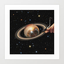Load image into Gallery viewer, “Galactic DJ II” surreal cosmic disco wall art print featuring Saturn transformed into a shimmering disco ball surrounded by glowing stars, with a DJ stylus dropping onto its planetary rings like a turntable. This funky surrealist artwork blends astronomy with retro disco culture, perfect for gallery wall inspiration, vinyl record lovers, DJs, or anyone who loves space-inspired wall decor. A vibrant conversation starter for modern living rooms, bedrooms, or music studio interiors.