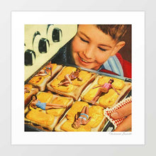 Load image into Gallery viewer, Girls on Toast” surreal collage art print featuring 1950s-style pin-up women relaxing on slices of golden cheese toast as a smiling retro boy looks on in delight. Perfect for lovers of quirky pop art, vintage collage prints, and retro kitchen wall decor. This kitsch food-themed art piece brings humor and nostalgia to café interiors, diners, home kitchens, or restaurants looking for fun, conversation-starting wall art with mid-century flair and surreal charm.